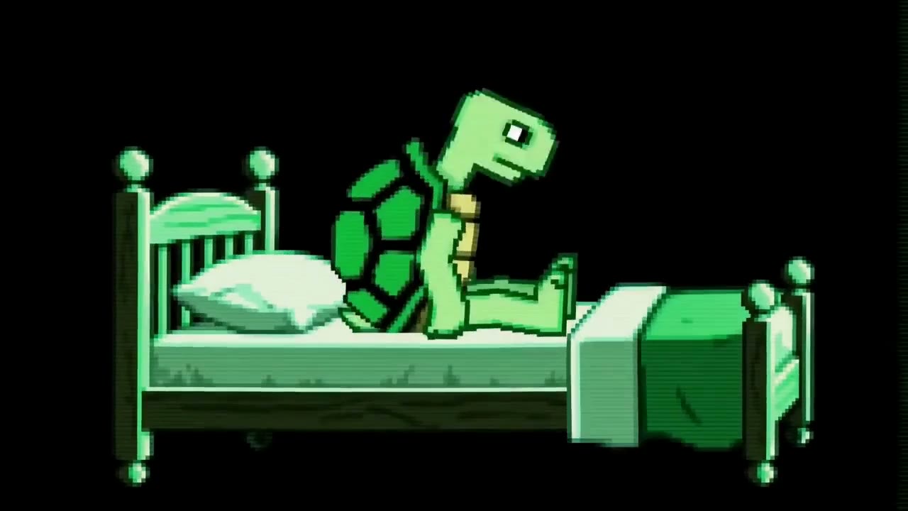 A pixel turtle sitting up in bed, glowing terminal green